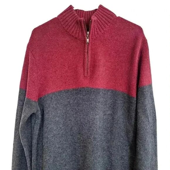 Sonoma Men's Red & Charcoal Cotton/Acrylic Color Block Knit Quarter Zip Mock Nec - Picture 3 of 11